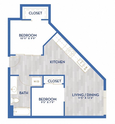 Floor plan for 1 bed, 1 bath, 680 sqft
